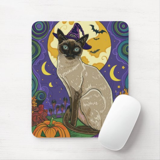 ハロウィン シャム猫 魔女とカボチャ マウスパッド (マウス)