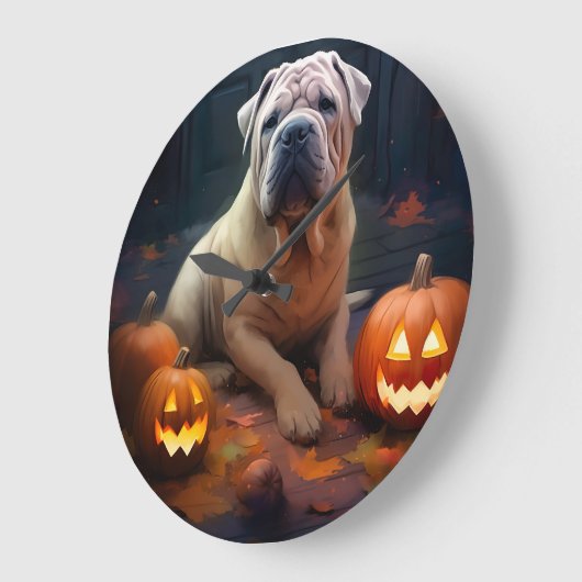 ハロウィン シャー・ペイ と カボチャ 怖い ラージ壁時計 (傾斜)