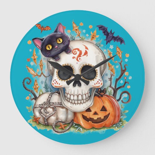 ハロウィン,シュガースカル キティ,かわいい,ジャック・オ・ランタン ラージ壁時計 (正面)