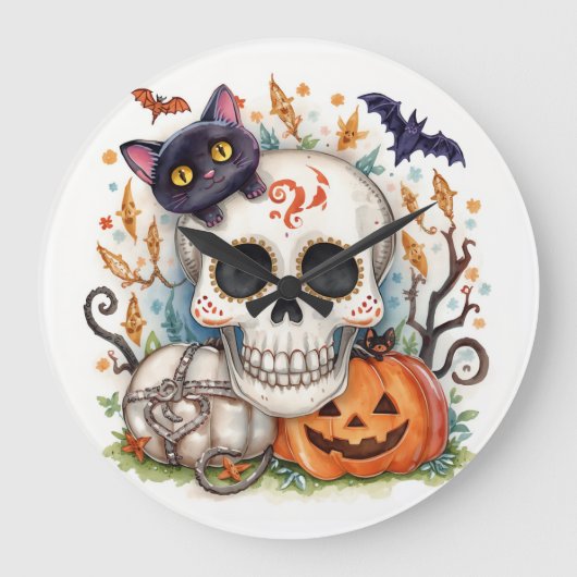 ハロウィン,シュガースカル キティ,かわいい,ジャック・オ・ランタン ラージ壁時計 (正面)