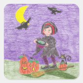 ハロウィン ショートヘア 魔法使い 紫色 スクエアステッカー スクエアシール (正面)