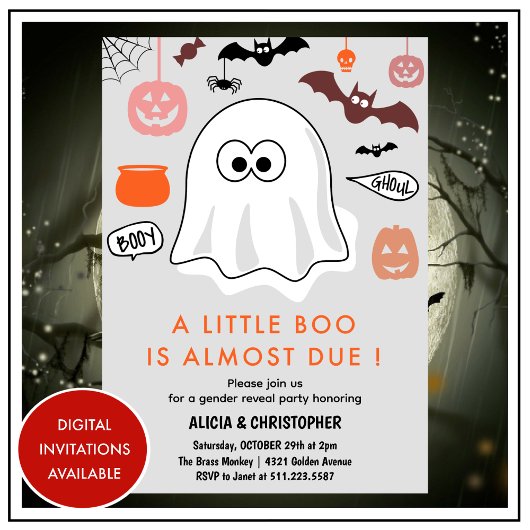 ハロウィン　ジェンダー発表の招待状 かわいいおばけ 招待状