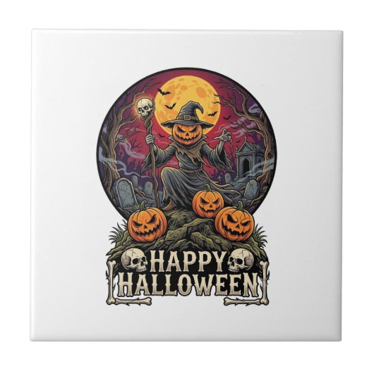 ハロウィン ジャックオランタン 魔術師 墓場 満月 タイル (正面)