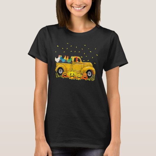 ハロウィン ジャック・オ・ランタン 黄色 車 トラック 鶏 Tシャツ (正面)