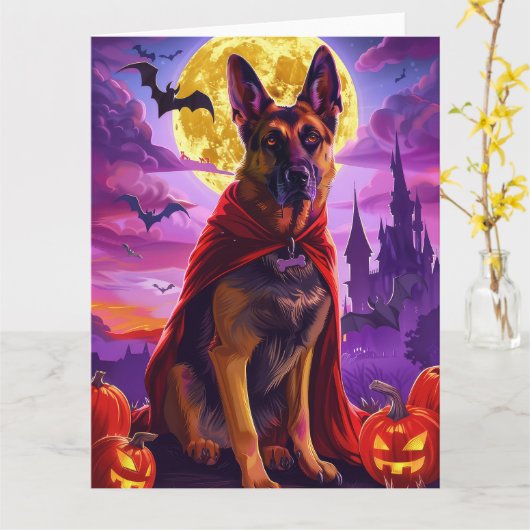 ハロウィン ジャーマンシェパード 吸血鬼 パンプキン 怖い カード (黄色い花)