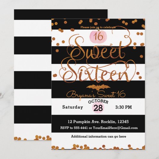 ハロウィン スイート16 誕生日会 ブラック ホワイト ピンク 招待状 (正面/裏面)