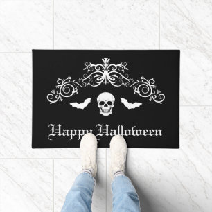 ハロウィン スカルとコウモリのシルエット ブラック ドアマット