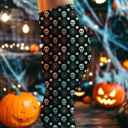 ハロウィン スカルとフラワーパターン レギンス