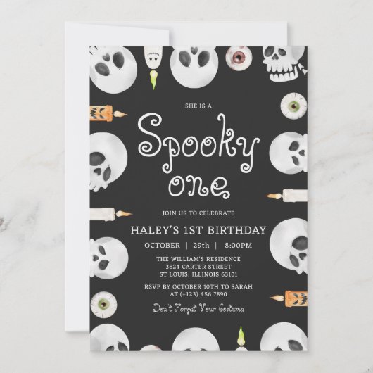 ハロウィン スカル こどもの1歳の誕生日 招待状 (正面)