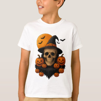 ハロウィン スカル カボチャと魔女の帽子 Tシャツ