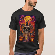  ハロウィン スカル & 幽霊城 Tシャツ デザイン