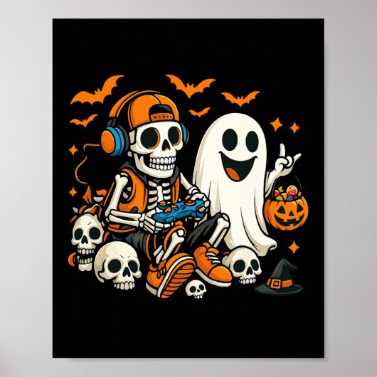 ハロウィン スケルトン ゲーマー ゲーム ゴースト ハロウィン ポスター (正面)