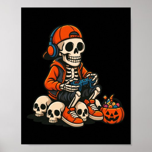 ハロウィン スケルトン ゲーマー ゲーム ゴースト ハロウ ポスター (正面)