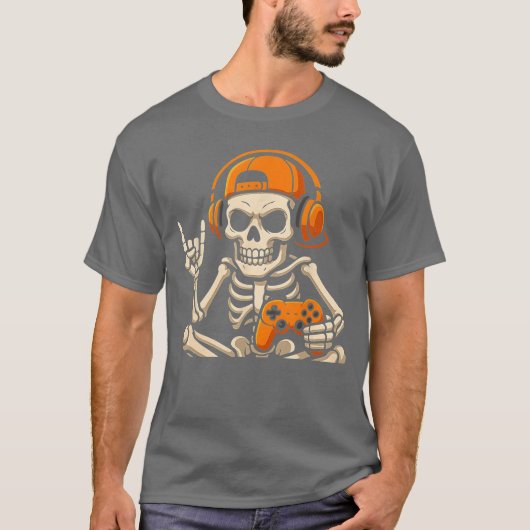 ハロウィン スケルトン ゲーマー ビデオゲーム ティーン男子 Tシャツ (正面)