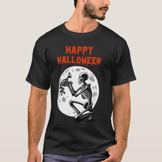 ハロウィン スケルトン 猫 満月 かわいい Tシャツ (正面)
