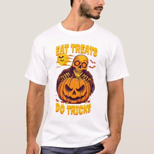 ハロウィン スケルトン 食べる お菓子 イタズラ Tシャツ (正面)