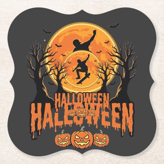 ハロウィン スケートボード 月 デザイン ハロウィン ペーパーコースター (正面)