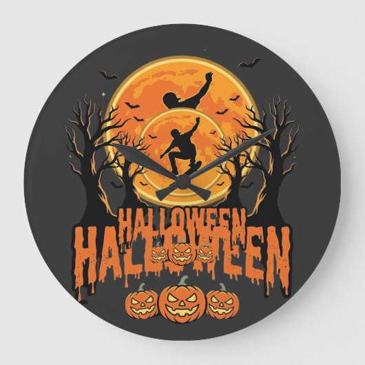 ハロウィン スケートボード 月 デザイン ハロウィン ラージ壁時計 (正面)