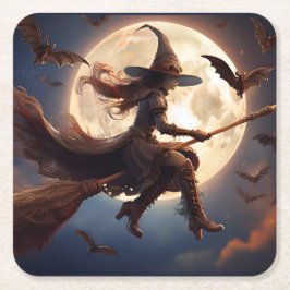 ハロウィン スチームパンク 魔女 月夜の飛行 スクエアペーパーコースター