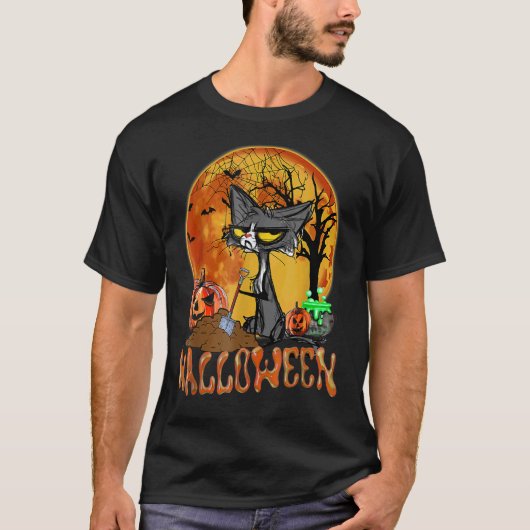 ハロウィン スプーキー キャット 赤い月 蜘蛛の巣 Tシャツ (正面)