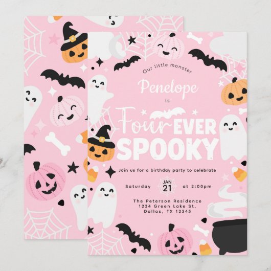 ハロウィン スプーキー ゴースト ピンク 4歳 誕生日パーティー 招待状 (正面/裏面)