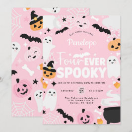 ハロウィン スプーキー ゴースト ピンク 4歳 誕生日パーティー 招待状