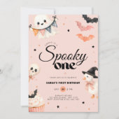 ハロウィン スプーキー ワン 1歳の誕生日 招待状 ピンク (正面)