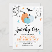 ハロウィン スプーキー ワン 1歳の誕生日 青いパンプキンと共に 招待状 (正面)
