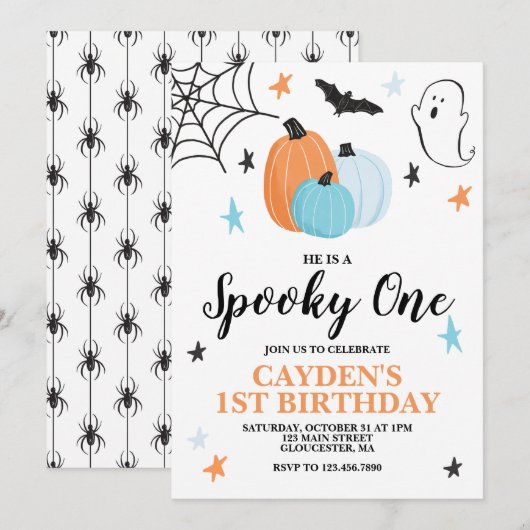 ハロウィン スプーキー ワン 1歳の誕生日 青いパンプキン 招待状 (正面/裏面)