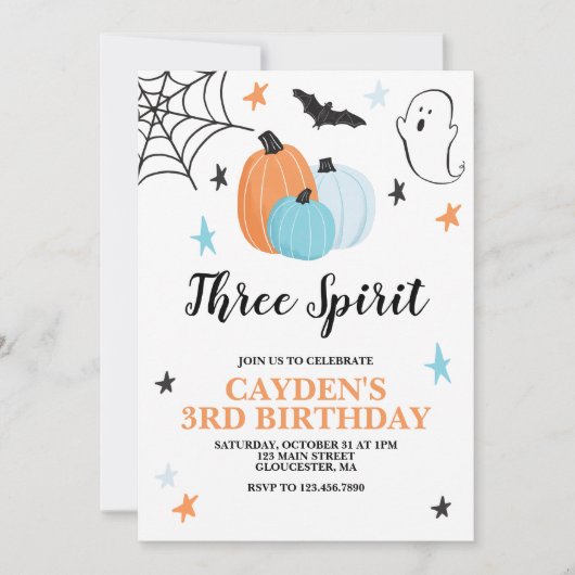 ハロウィン スリー・スピリット 3歳の誕生日 青いパンプキン 招待状 (正面)