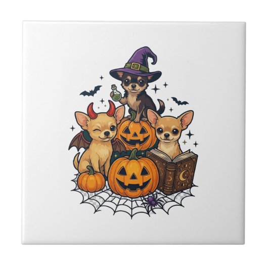 ハロウィン チワワ 犬 かぼちゃ 魔女の帽子 呪文 タイル (正面)