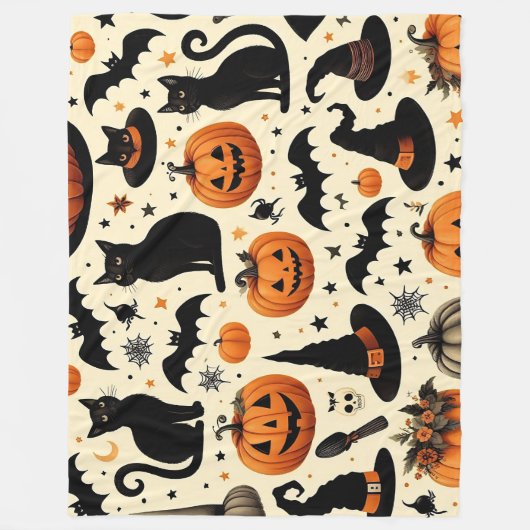 ハロウィン+テーマの黒猫とかぼちゃのデザイン フリースブランケット (正面)