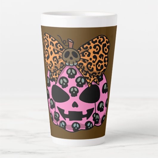 ハロウィン、ドクロ柄、顔カボチャ、モダン カフェラテマグ (正面)
