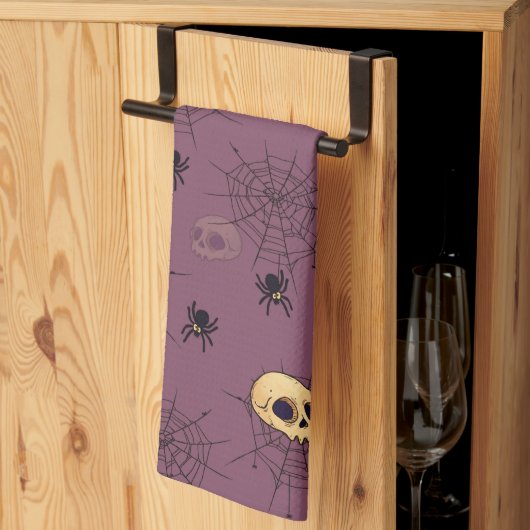 ハロウィン ドクロ クモ 蜘蛛の巣 紫 キッチンタオル (三つ折り)