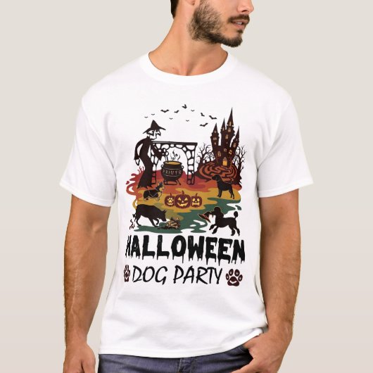 ハロウィン ドッグ パーティー 魔女 犬 かぼちゃ 城_1 Tシャツ (正面)