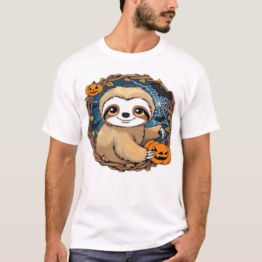 ハロウィン+ナマケモノ+カボチャ+コウモリ+クモ+クモの巣 Tシャツ (正面)