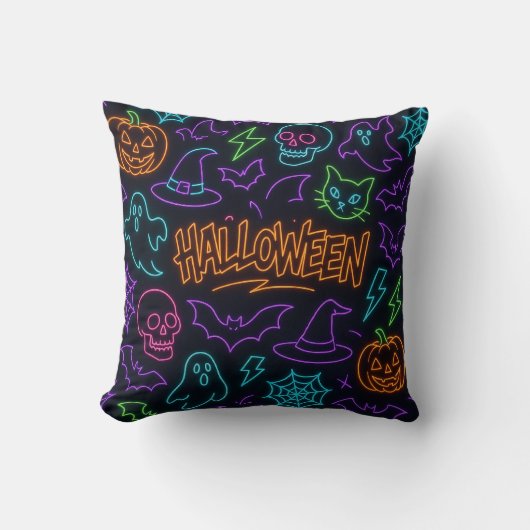 ハロウィン ネオン パターン 幽霊 かぼちゃ 吸血鬼 クッション (正面)
