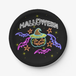 ハロウィン ネオン ルック かぼちゃ 帽子 コウモリ パーティー 7" ペーパープレート
