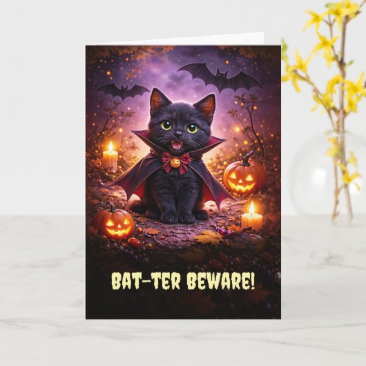 ハロウィン ハッピーハロウィン かわいい吸血鬼 子猫 黒猫 コウモリ カード (黄色い花)