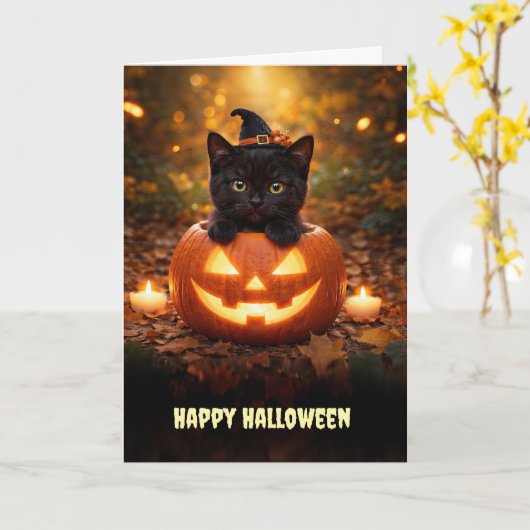 ハロウィン ハッピーハロウィン かわいい 黒猫 子猫 カード (黄色い花)