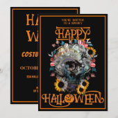 ハロウィン ハッピー スカル フラワー パーティー ブラック オレンジ 招待状 (正面/裏面)
