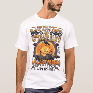 ハロウィン ハッピー フィッシング 黒猫 カボチャ ワタリガラス A Tシャツ