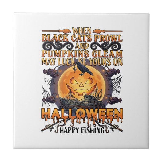 ハロウィン ハッピー フィッシング 黒猫 カボチャ 烏 A タイル (正面)
