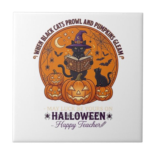 ハロウィン ハッピー 先生 黒猫 魔女 帽子 パンプキン タイル (正面)
