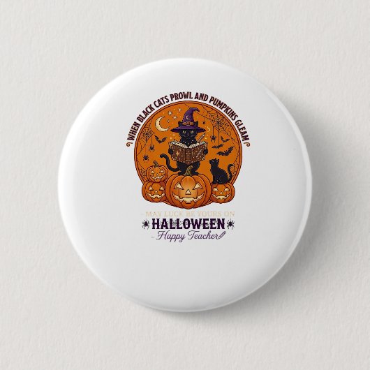 ハロウィン ハッピー 先生 黒猫 魔女 帽子 パンプキン 缶バッジ (正面)