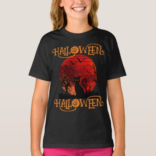 ハロウィン ハロウィン 猫 黒 おそろしい コウモリ Tシャツ (正面)