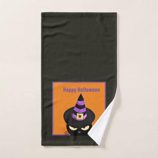 ハロウィン バスルームタオル 黒猫の魔女の帽子 ハンドタオル (ハンドタオル)