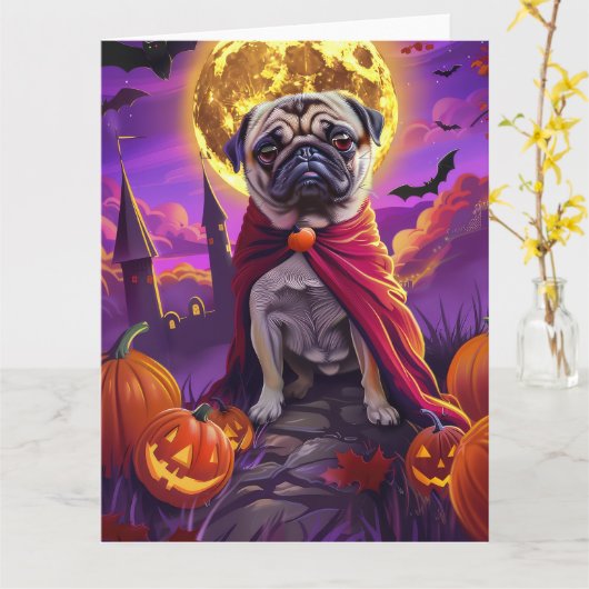 ハロウィン パグ 吸血鬼 パンプキン スケアリー  カード (黄色い花)
