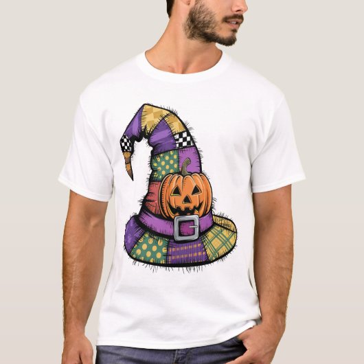ハロウィン パッチワーク 魔女の帽子 スプーキー Tシャツ (正面)