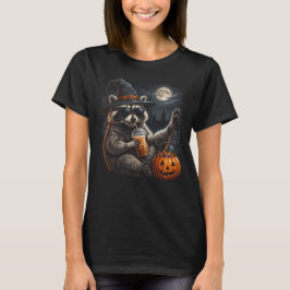 ハロウィン パンプキン アイスコーヒー かわいい魔女 アライグマ Tシャツ